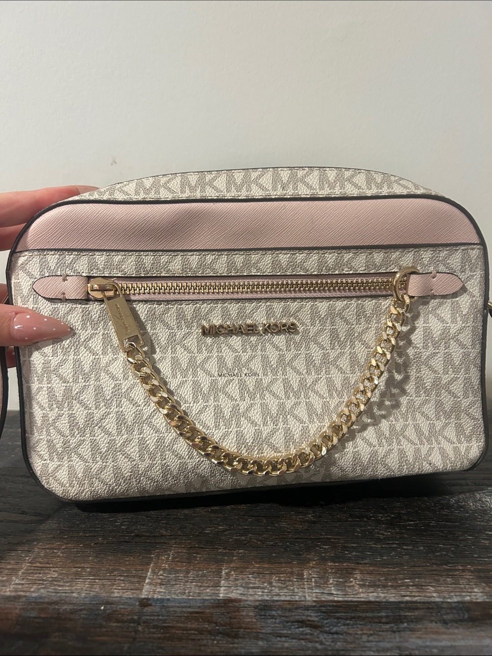 Michael Kors Pink and Vanilla Signature Chain-Trim Crossbody